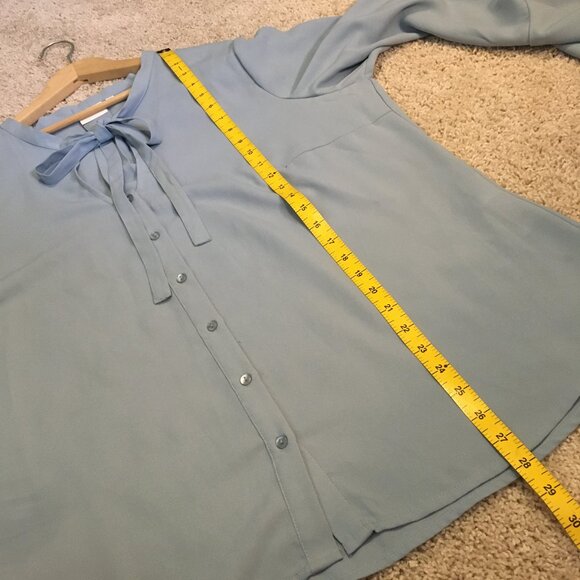 Pale Periwinkle Blue Bow Collar Bell Sleeve Button Down Evelina Blouse - Picture 15 of 16